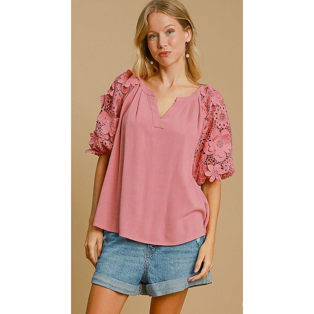 New Umgee L 12 14 16 Solid Rose 3D Floral Puff Sleeve Flowy Fit Linen Blend Top